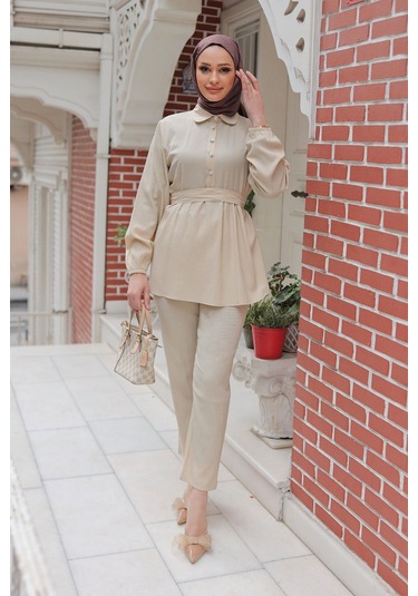 Taş Düğme Detaylı Takım Bej Bej