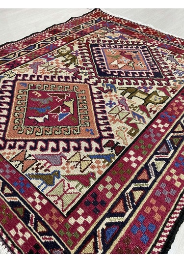 El Dokuma Şahseven Kilimi 84X100 Aslan Figürlü %100 Yün Kilim ! Kırmızı