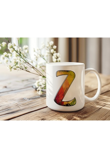 Z Harf Yaprak Renkleri İle Kupa Bardak - Kişiye Özel Alfabe Harfli Bardak - Hediye Beyaz