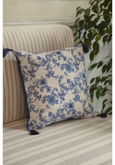 Karaca Home Rosario Püsküllü Dolgulu Kırlent 45x45 Cm Mavi Beyaz Mavi Beyaz