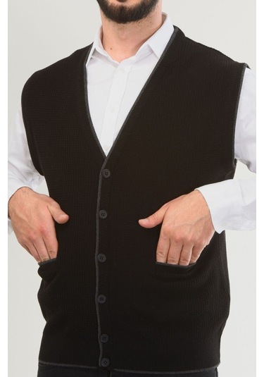 Kamalı Siyah Erkek V Yaka Triko Düğmeli Cepli Çizgi Desenli Regular Fit Tüylenmeyen Örgü Yelek Siyah