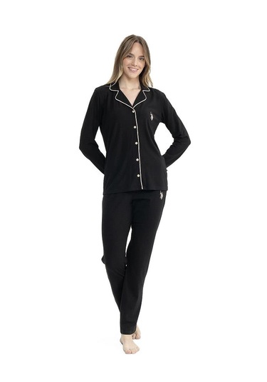 U.s. Polo Assn. 11000 Kadın Boydan Düğmeli Patlı Uzun Kol Pijama Takım V1 Siyah