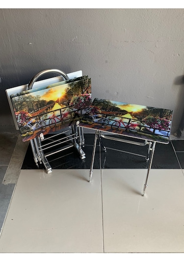 Camlı Bisiklet Desenli Çanta Zigon Sehpa 4'lü