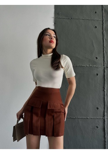 Kadın Acı Kahve Kargo Cep Detaylı Pileli Mini Etek-kahve Kahve