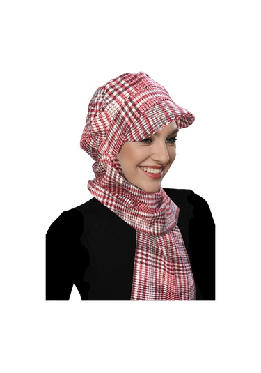 Yün Kasket Şapka Atkılı Ekose Desenli Bordo-krem Hazır Türban Tesettür Bone Bere Bordo - Krem