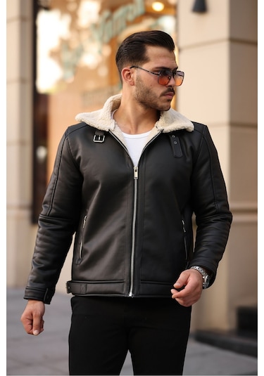 Erkek Napa Deri Içi Full Kürklü Yüksek Kalite Slim Fit Siyah-krem Mont & Ceket Siyah - Krem