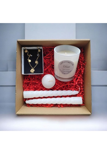 Denic Hediye Seti Kokulu Beyaz Bardak Mum Yonca Kolye Burgulu Mum Yüzen Mum