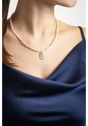 Rose 18 Ayar Sarı Altın Kaplama 45 Cm Gümüş İnci Kolye Sarı