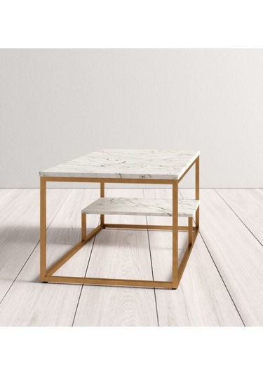 Perus Beyaz Ahşap / Gold Metal Orta Sehpa