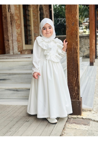 Ayperi Kız Çocuk Tesettür Elbisesi Merasim Elbisesi,başörtülü Takım 3-12 Yaş Uygun Beyaz