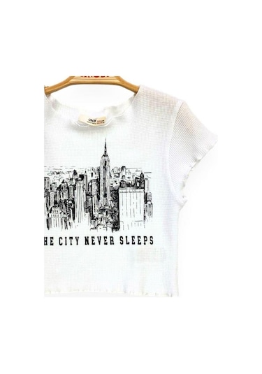 Çikoby Kız Çocuk The City Yazılı Crop-13749 Beyaz
