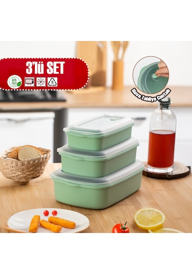 Porsima 5315 Kilitli Sızdırmaz Kapaklı Hava Tahliye Contalı Çok Amaçlı 3lü Dikdörtgen Erzak Yiyecek Saklama Kabı Seti Yeşil - 1000-1700-2800ml Yeşil