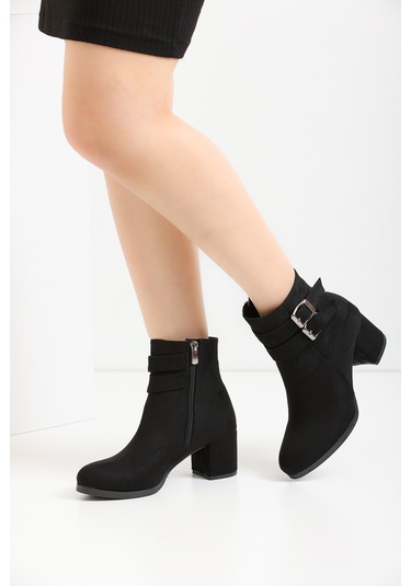 Kadın Hermina Çift Tokalı Kısa Bot Siyah Süet
