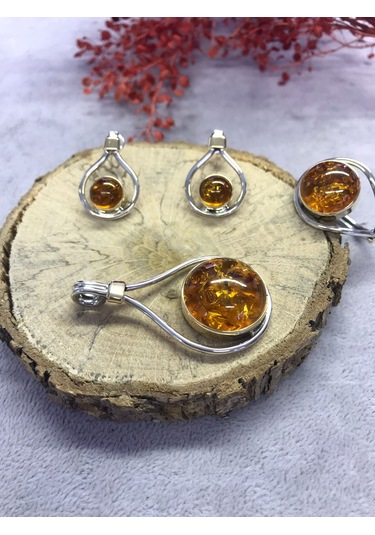 Kehribar Taşlı Gümüş Set 925 Ayar El İşi