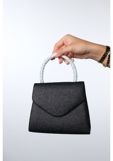 Monako Siyah Kum Sim Taşlı Kadın El Çantası Siyah Simli
