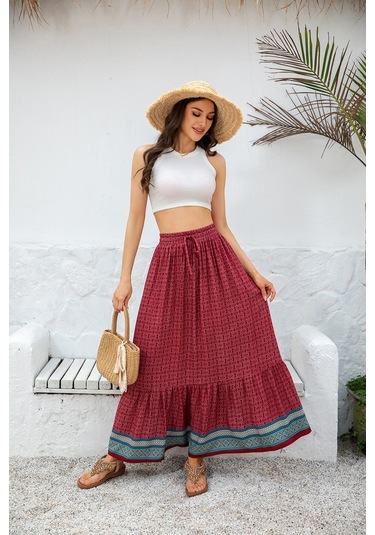 Kadın Bohem Retro Baskılı Salıncak Etek Kırmızı