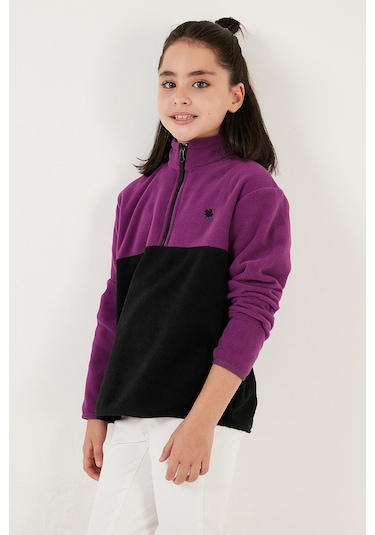 Lela Yumuşak Dokulu Yarım Fermuarlı Renk Bloklu Dik Yaka Unisex Çocuk Polar 5905004 Mor-Siyah