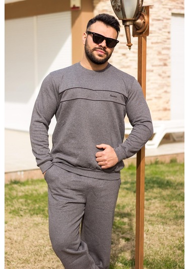 Koyu Gri Normal - Battal Büyük Beden Kalın Sweat Erkek Eşofman Takımı 21eestbakt Gri