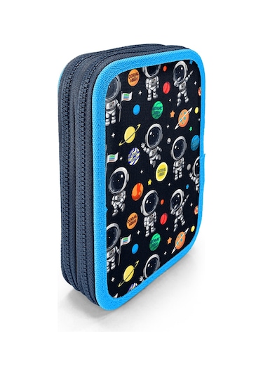 Coral High Kids Lacivert Mavi Astronot Desenli Çift Katlı Kalem Çanta 11149 Mavi