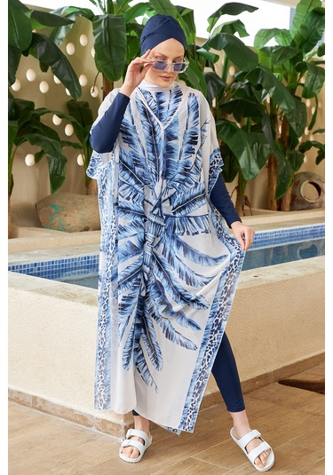 Remsa Mayo Tesettür Mayo Üzerine Desenli Tek Kaftan Pareo 430-301 Maldiv Mavi Mavi