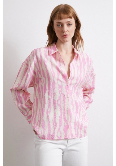 Zebra Desen Modal Gömlek Pembe Pembe