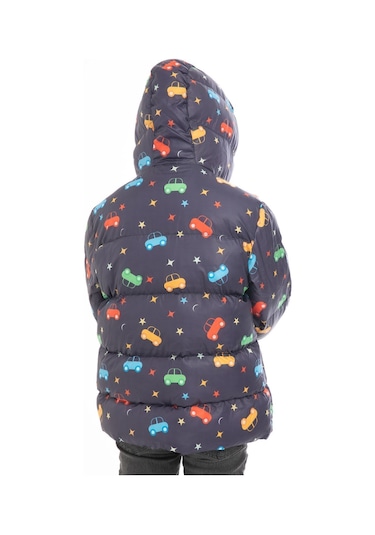 Erkek Çocuk Içi Polarlı Kapüşonlu Araba Yıldız Ay Desenli Kışlık Şişme Mont Lacivert
