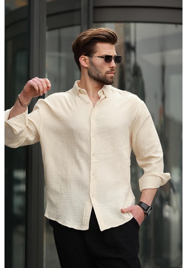 Madmext Bej Basic %100 Pamuklu Uzun Kollu Erkek Gömlek E6761 Bej