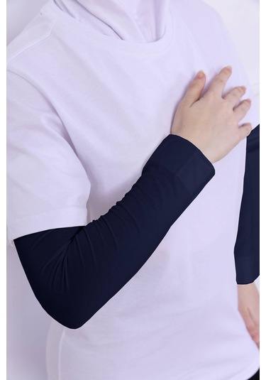 Likralı Penye Kolluk Lacivert - Pratik Kadın Tesettür Düz Namaz Kolluğu 1 Çift 40cm Viskon Hijab Lacivert