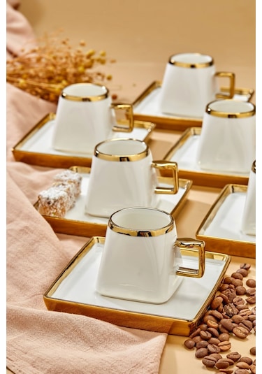 Carmen 6 Kişilik Porselen Gold Detaylı Kahve Fincan Takımı