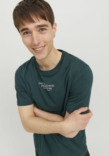 Jack & Jones Bisiklet Yaka Logo Baskılı Tişört - Bluarchie 12217167 Ponderosa Pine Yeşil