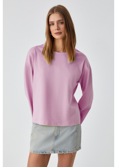 Grımelange Basıl Kadını Oversize %100 Organik Pamuk Örme Uzun Kol Pembe T-shirt Pembe