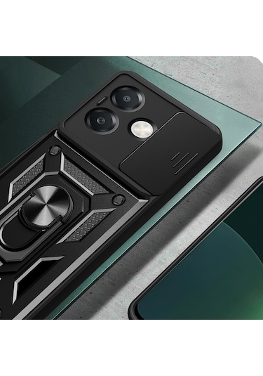 Teknomoda Oppo A3 Kılıf Yüzüklü Standlı Sürgülü Kamera Korumalı Tank Sert Silikon Kapak Siyah