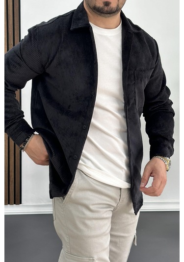 Erkek Kadife Kumaş Gömlek Siyah Edw214 Siyah