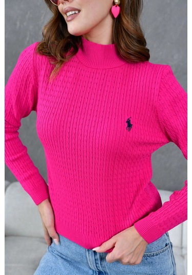 Kadın Dik Yaka Saç Örgü Nakış Detaylı Triko Kazak Fuşya