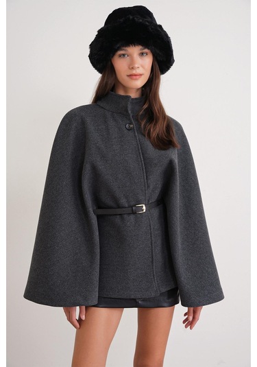 4768 Kadın Kemerli Panço Premium Kaşe Ceket Antrasit Antrasit