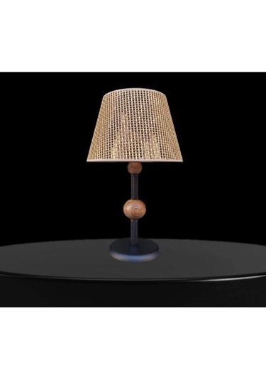 Çift Ahşaplı Abajur Siyah Rattan Kahve Rengi Şapkalı Siyah