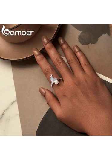 Bamoer Beyaz Altın Kaplama Balık Kuyruğu İnci Yüzük, 925 Ayar Gümüş Sevimli Ayarlanabilir Yüzükler Kadın Kızlar İçin