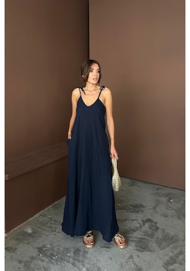 Askılı Uzun Salaş Müslin Elbise - Lacivert Lacivert