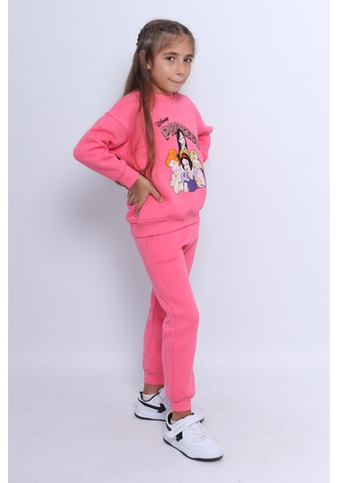 Kız Çocuk 3 İplik Eşofman Takımı Princess Baskılı E3 Fuşya