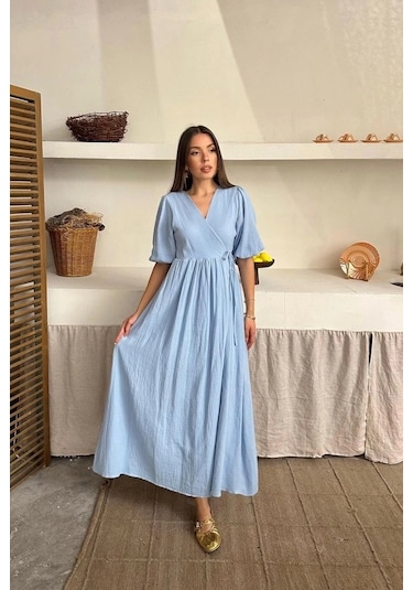 Bebe Mavi Müslin Uzun Elbise Bebe Mavi