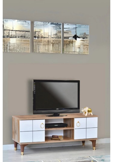 Lena Tv Sehpası Atlantik Çam Beyaz 2 Kapaklı Orta Raflı Sehpa 130x36x50 Cm