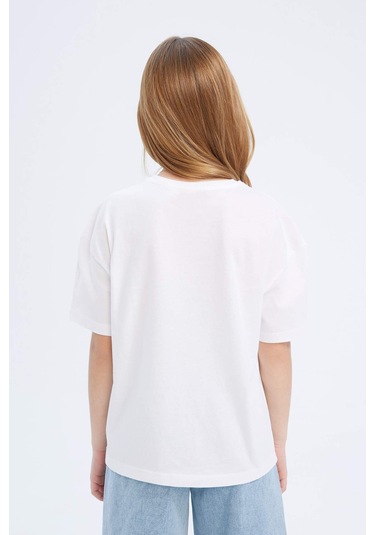 DeFacto Kız Çocuk Relax Fit Bisiklet Yaka Basic Düz Kısa Kollu Tişört D9099A825SMWT34 Beyaz
