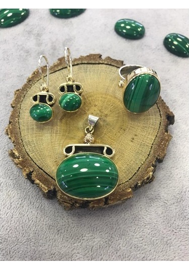 Malahit Malakit Taşlı Gümüş Set 925 Ayar Taş