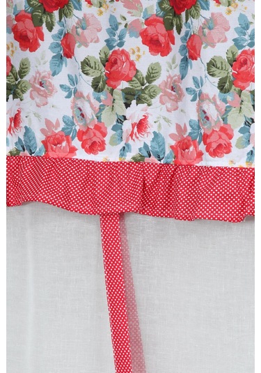 Naturel Potlu Tül Perde Spring Fırfırlı Çiçek Kırmızı