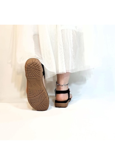 Voyager 9639 Siyah Taban Masajlı Taş İşlemeli Bayan Sandalet Siyah