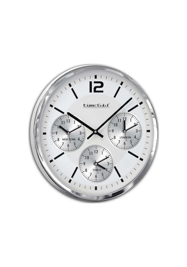 Krom Çerçeveli 4'lü Dünya Otel Duvar Saati 50 cm Gümüş