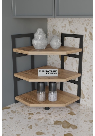 Akın Köşe Baharatlık 3 Raflı Mutfak Tezgah Üstü Köşe Raf - Çam Atlantik Çam