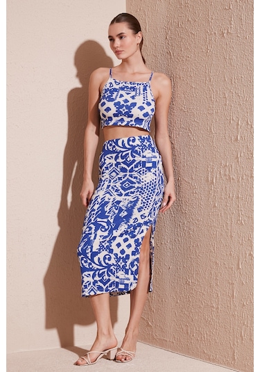 Lela Slim Fit Ip Askılı Yırtmaçlı Midi Alt-Üst Bayan Takım 5865726 Saks