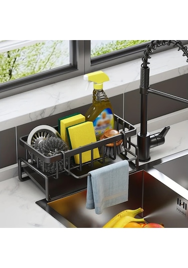 Chenkestoreone Siyah Plastik Lavabo Düzenleyici, Sünger Ve Bez Askılı Ev Kamp Mutfağı Organizer Siyah