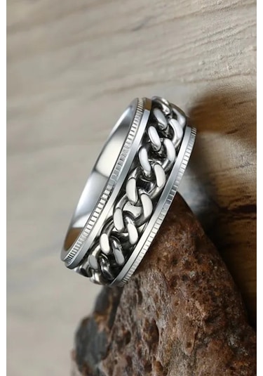 Ortası Dönebilen Zincirli Erkek Kadın Anti-stres Çelik Alyans Yüzük Cl43 Gümüş - Gri